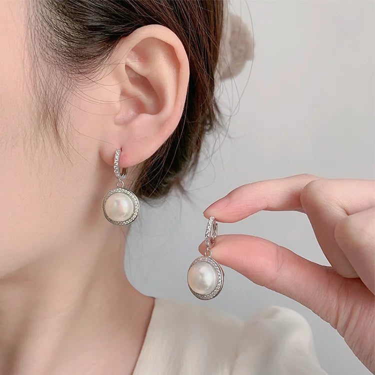 Custom logo modern 925 silver cultured real pearl circle round women stud earrings