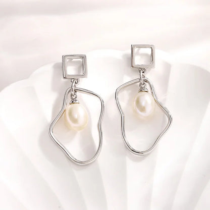 Custom logo ladies jewelry irregular shape 925 silver hoop funky pearl earrings