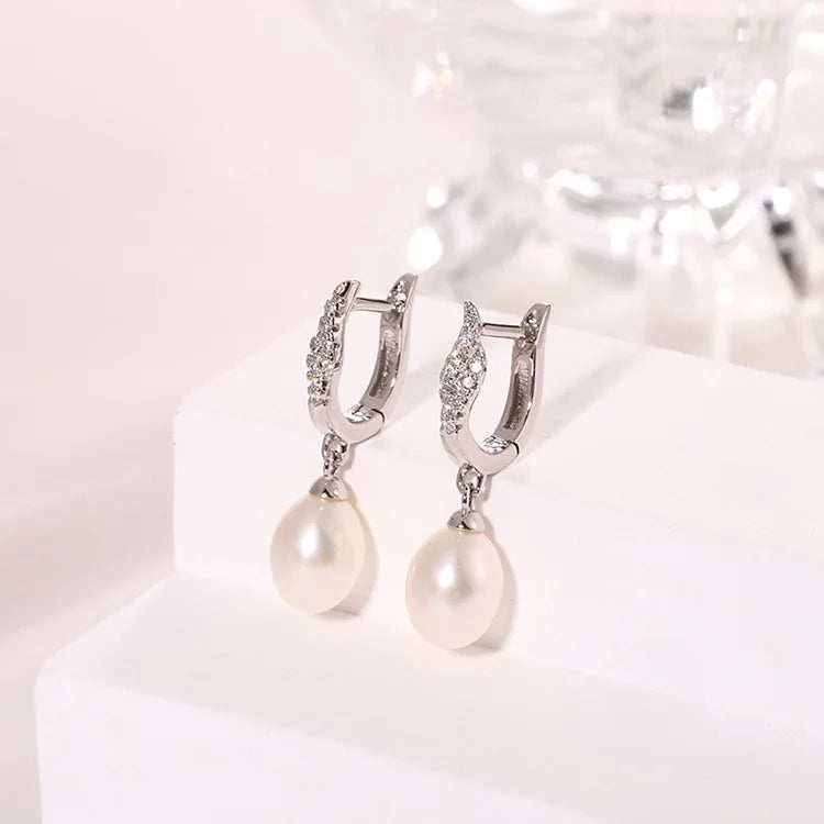 Wedding 925 sterling silver freshwater cultured pearl statement drop clasp earrings