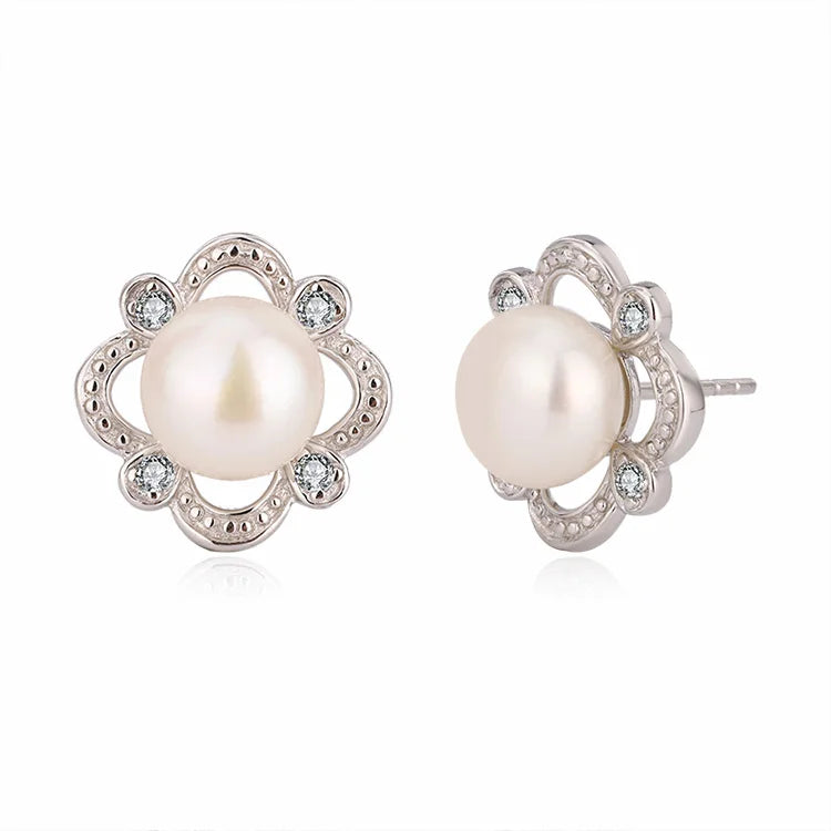 Pearl and cubic zirconia stud 925 sterling silver freshwater cultured pearl earrings with cubic zirconia