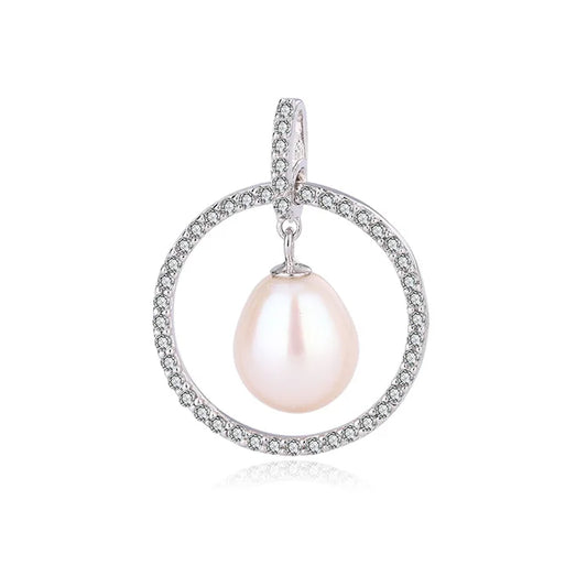 Women single freshwater pearl silver circle round necklace pendant for chains