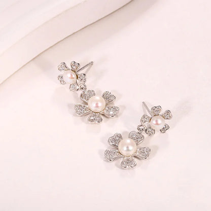 Fancy double pearl flower stud 925 sterling silver freshwater cultured pearl earrings