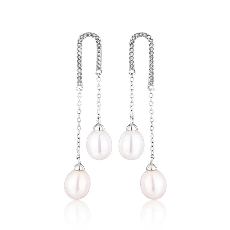 Fashionable 925 sterling silver waterdrop freshwater pearl drop long chain dangle zircon earrings