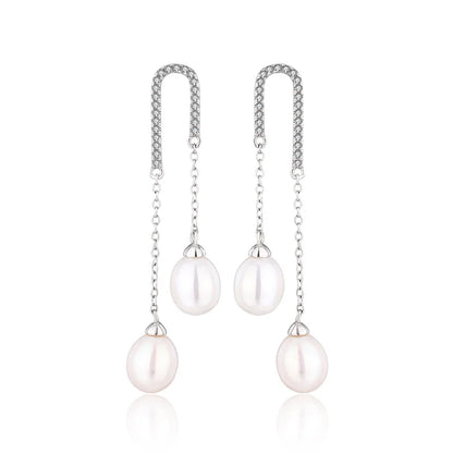 Fashionable 925 sterling silver waterdrop freshwater pearl drop long chain dangle zircon earrings