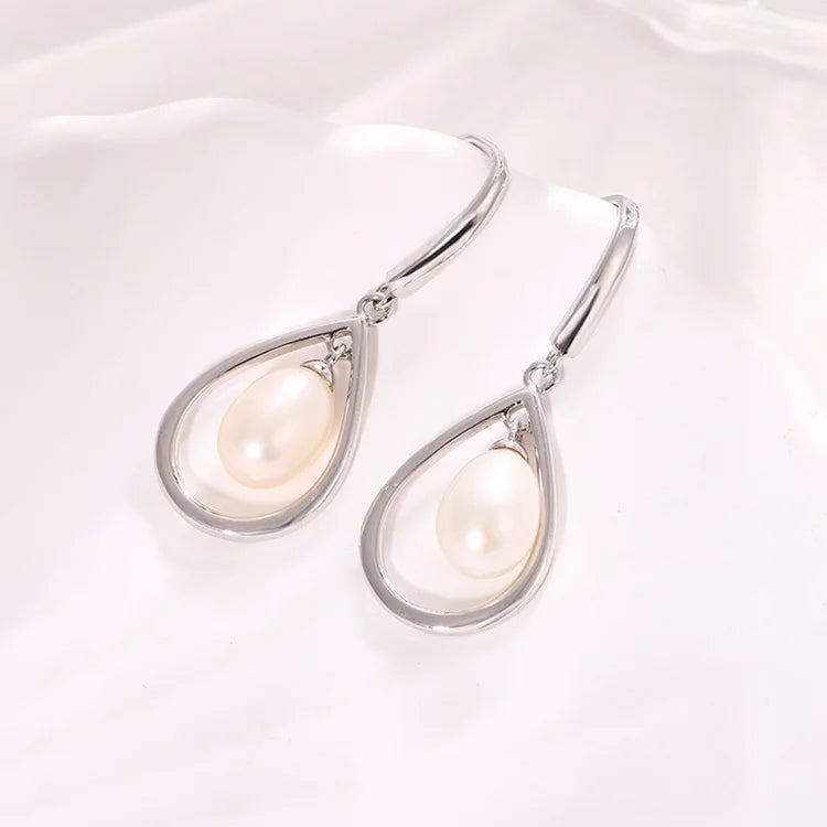 Dangle drop hook crochet teardrop 925 sterling silver freshwater cultured pearl earrings