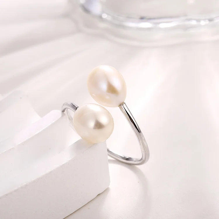 Wholesale jewelry women minimalist 925 sterling silver ring with 2 pearls