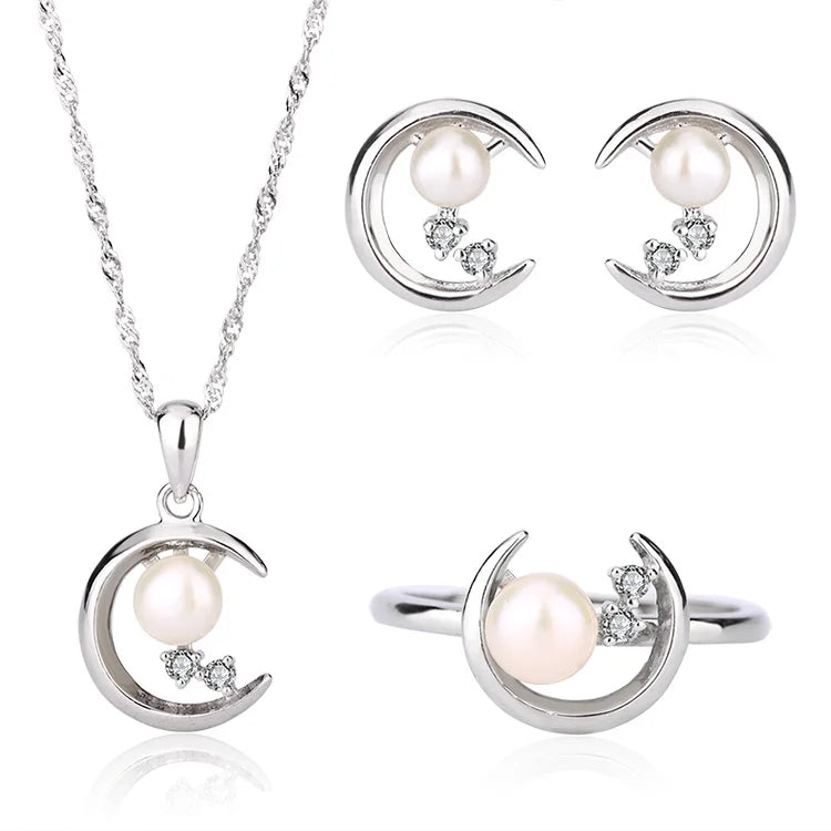 Fashion pearl silver fine jewelry set ladies 925 sterling silver fresh water pearls ring earrings necklace pendant set