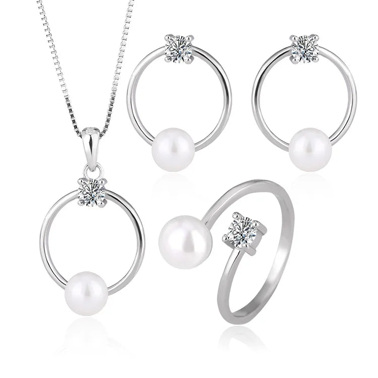 Custom jewelry set fashion ring silver pearl pendant necklace and studs earrings set