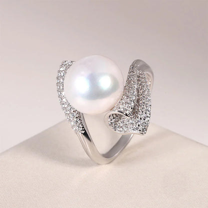 Custom modern one freshwater pearl and cubic zirconia engagement ring with diamonds