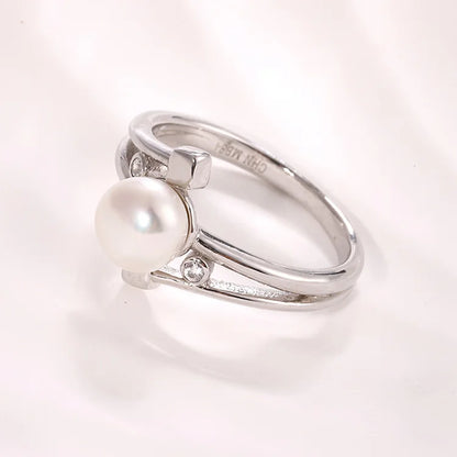 Original ladies women diamond wedding sterling silver simple white freshwater pearl ring with a pearl