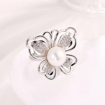 Wholesale customizable logo butterfly shape diamond inlaid 925 sterling silver pearl ring