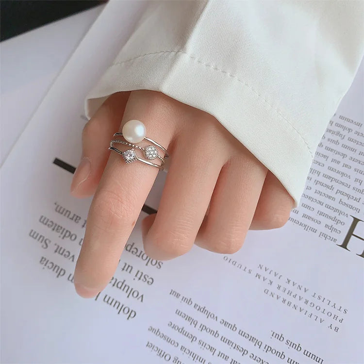 Custom three-band design ladies women female sterling silver pearl rings for girlfriend