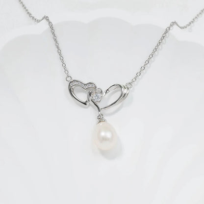 925 sterling silver hollow double love heart entwined shaped cultured freshwater pearl pendant diamond silver necklace