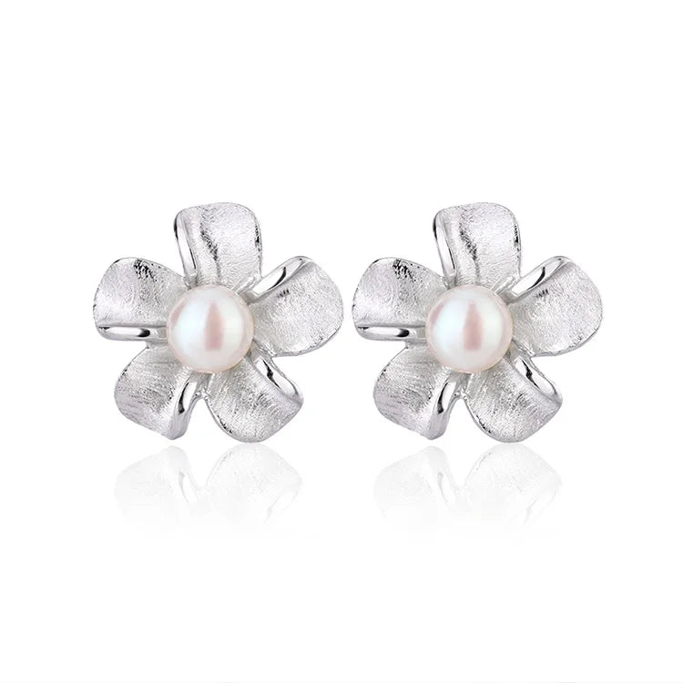 Flower floral studs 925 sterling silver real freshwater cultured pearl earrings