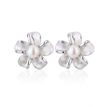 Flower floral studs 925 sterling silver real freshwater cultured pearl earrings