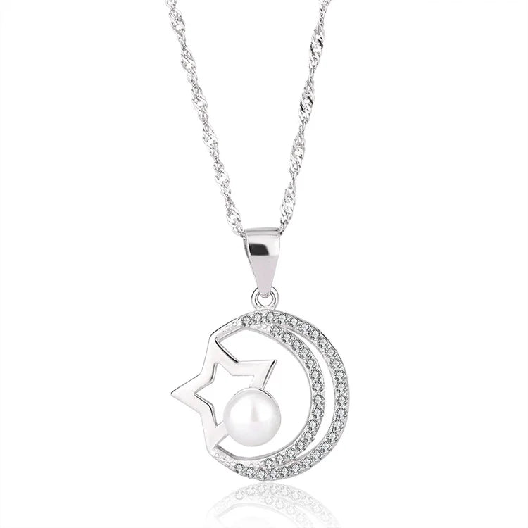 Women luxury fine jewelry gift 925 silver ring moon star pearl pendant necklace earrings set