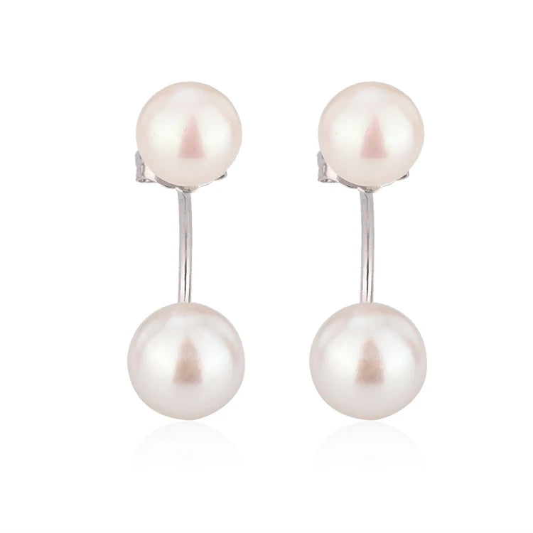 6.5mm 7mm double pearl simple 925 sterling silver freshwater cultured pearl dangle drop earrings