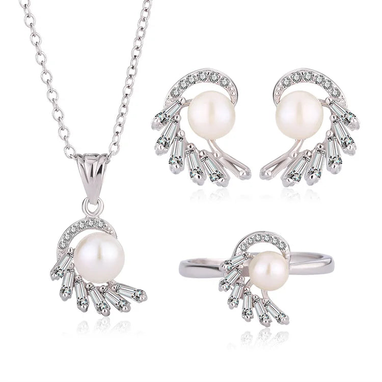 Zircon zirconia jewelry set fashion woman 925 silver pearl ring earring and pendant necklace set