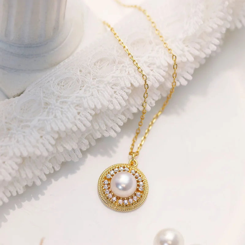 18K gold plated 925 sterling silver retro palace diamond pearl female simple choker chain necklace