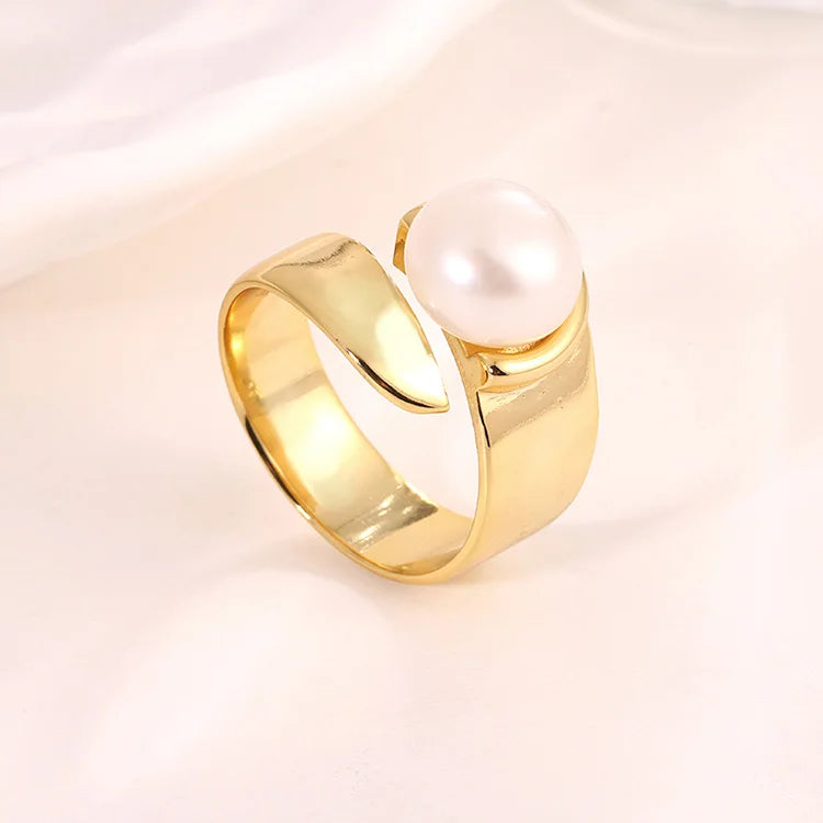 Fashion Simple Women 14k 18k Gold Plated 925 Sterling Silver Freshwater Pearl Adjustable Ring