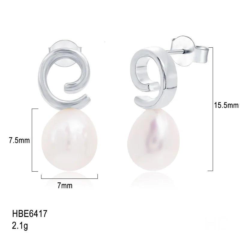 Classic Design Hypoallergenic 925 sterling silver Stud Genuine Freshwater Pearl  Rhodium-Plated Earrings simple jewelry