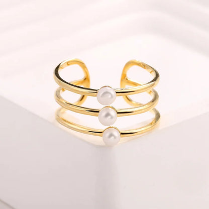 Three-ring open adjustable gold-plated 925 sterling silver pearl ring for women