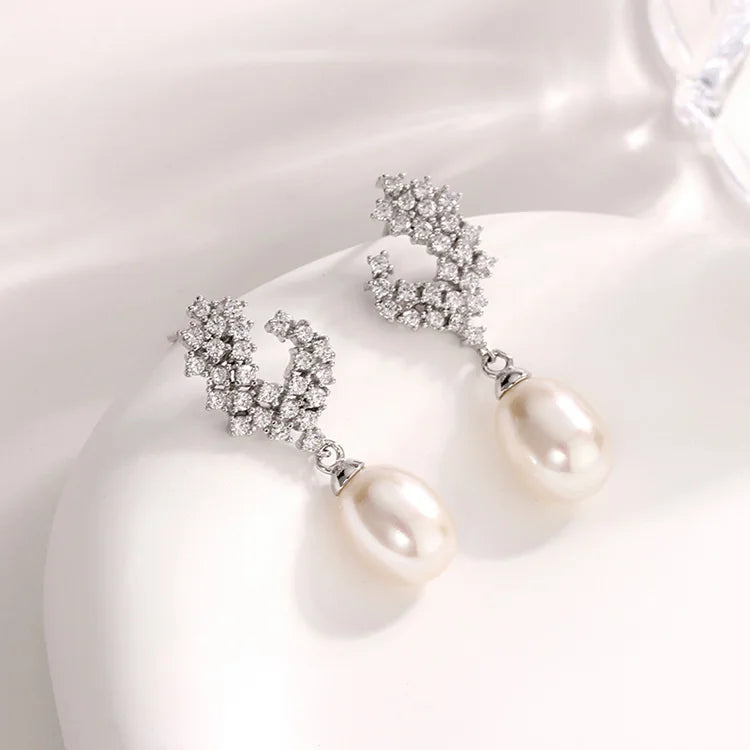 Hot sale inlaid fine diamonds setting 925 sterling silver freshwater cultured pearl drop dangle earrings