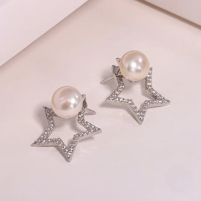 Custom logo mini oem jewelry women simple zirconia fresh water natural pearl star stud earrings