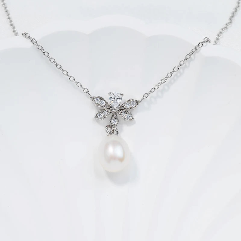 925 sterling silver flower freshwater pearl pendant necklace with zircon setting