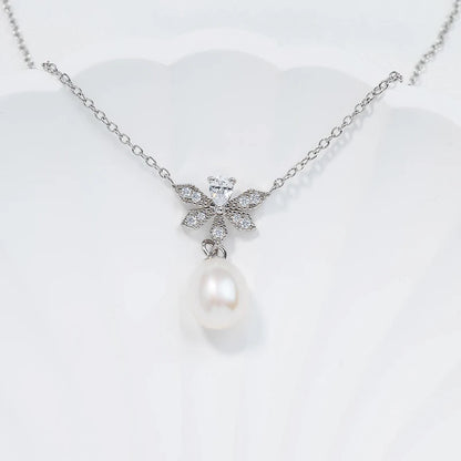 925 sterling silver flower freshwater pearl pendant necklace with zircon setting