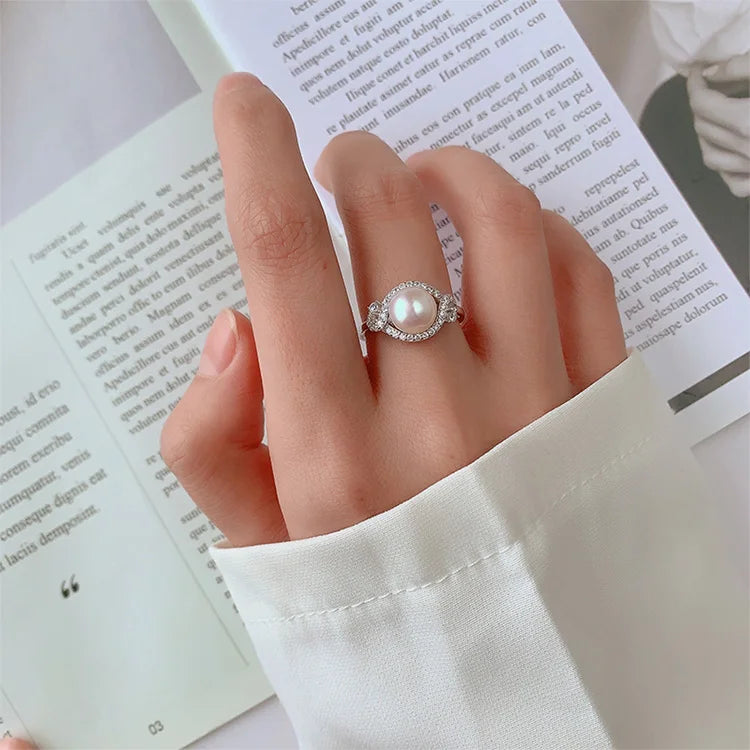 Women white pearl and diamond 925 sterling silver ring engagement wedding ring for female