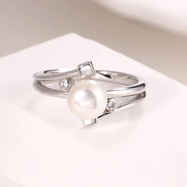 Original ladies women diamond wedding sterling silver simple white freshwater pearl ring with a pearl