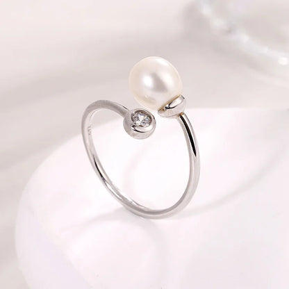 Simple 925 sterling silver opening adjustable fashion pearl ring with diamond