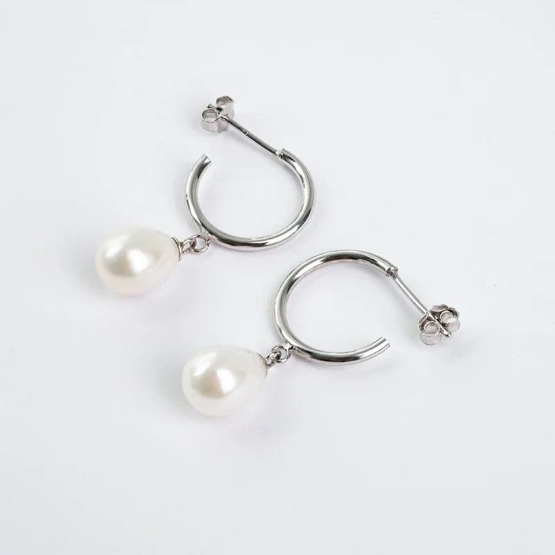 Circle gemstone fresh water pearl real 925 sterling silver freshwater pearl dangle drop earrings