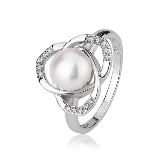 Custom logo zircon diamond-set intertwined 925 sterling silver pearl ring jewelry