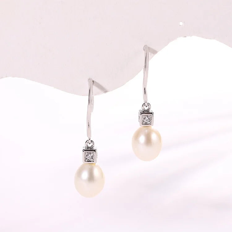 Designer 8mm single fresh water pearls womens simple 925 sterling silver freshwater cultured pearl earrings with stone