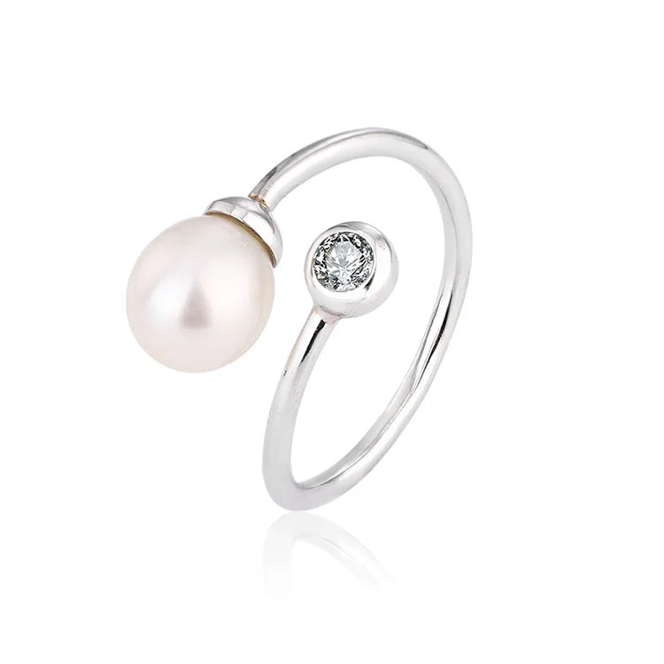 Simple 925 sterling silver opening adjustable fashion pearl ring with diamond