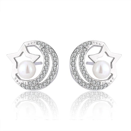 Women luxury fine jewelry gift 925 silver ring moon star pearl pendant necklace earrings set