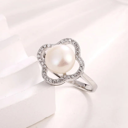 Hollow petal shape 925 pure sterling silver pearl women ring with small fine diamonds inlaid