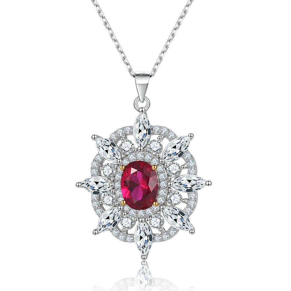 New Arrive Silver Necklace Sunflower Shaped Initial Ruby Gemstone Non Fading 925 Silver Luxury Necklaces for Party