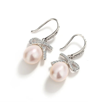 Irregular 925 sterling silver freshwater cultured pearl crochet fish hook earrings with cz diamond setting