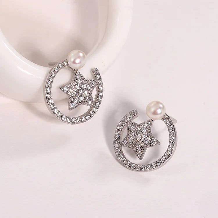 Pave zircon star hoop stud 925 sterling silver freshwater cultured pearl earrings