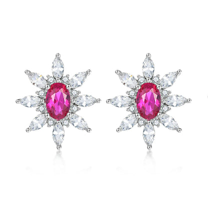 Fine Jewelry Sunflower Shaped Studs Fancy Colored Initial Ruby Gemstone Shiny Earring Studs 925 Silver