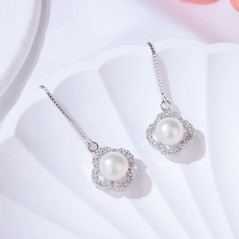 luxury 925 Silver Freshwater pearl earring ladies fashion drop pendant earrings Rhodium Plated  Engagement Women  Stud Earrings