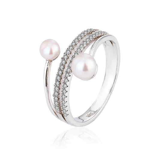 Elegant fashion zircon diamond-set 925 sterling silver women ring with 2 pearls