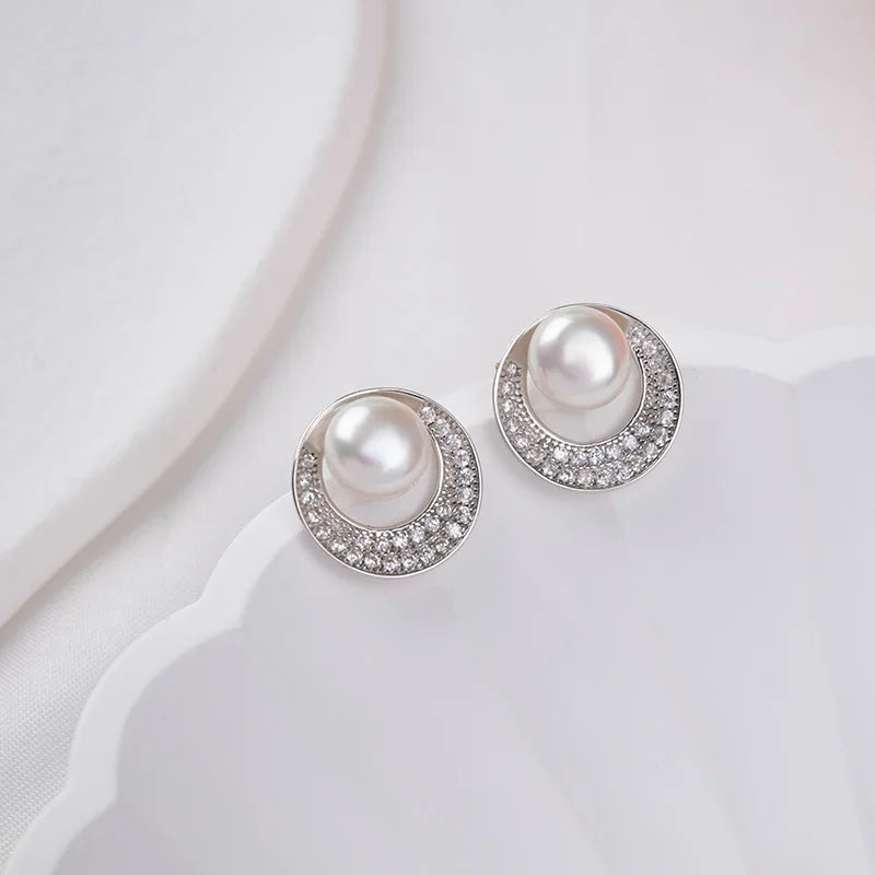 rhodium sterling silver 925 cubic zirconia jewellery freshwater pearl stud earrings 18K gold for women