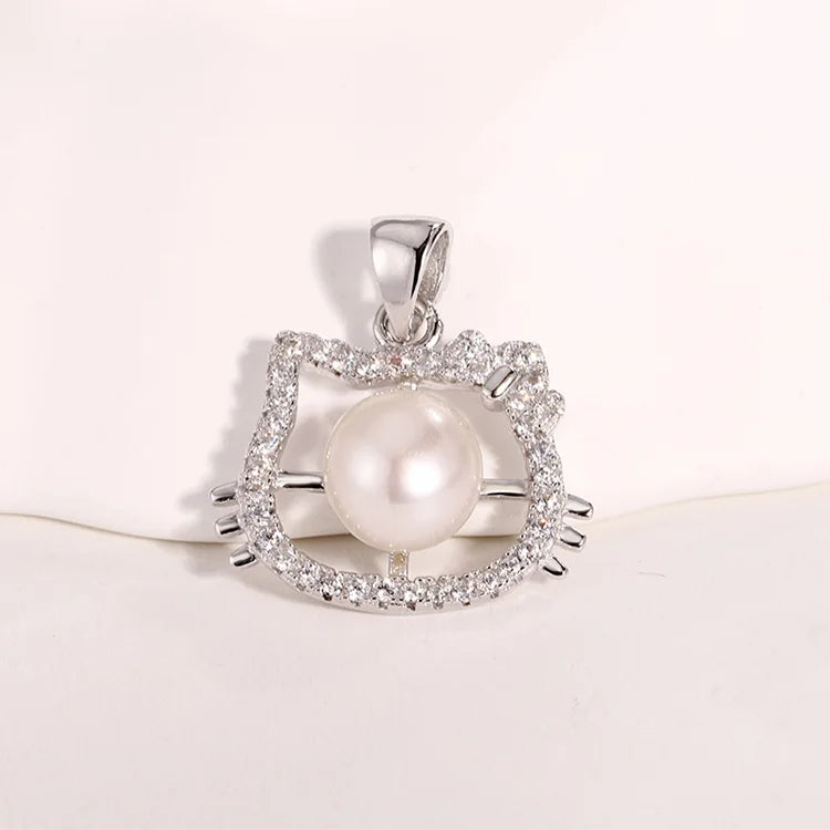 Wholesale custom made ladies 925 sterling silver necklace diamond-set dainty pearl cat animal shape charm pendant for women