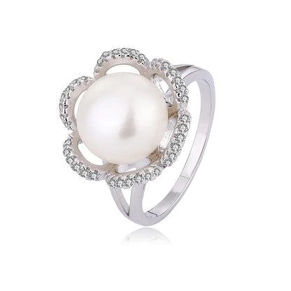 Wholesale Ring Jewelry Simple 925 Sterling Silver Zircon Diamond Set Flower Ring with a Big Pearl