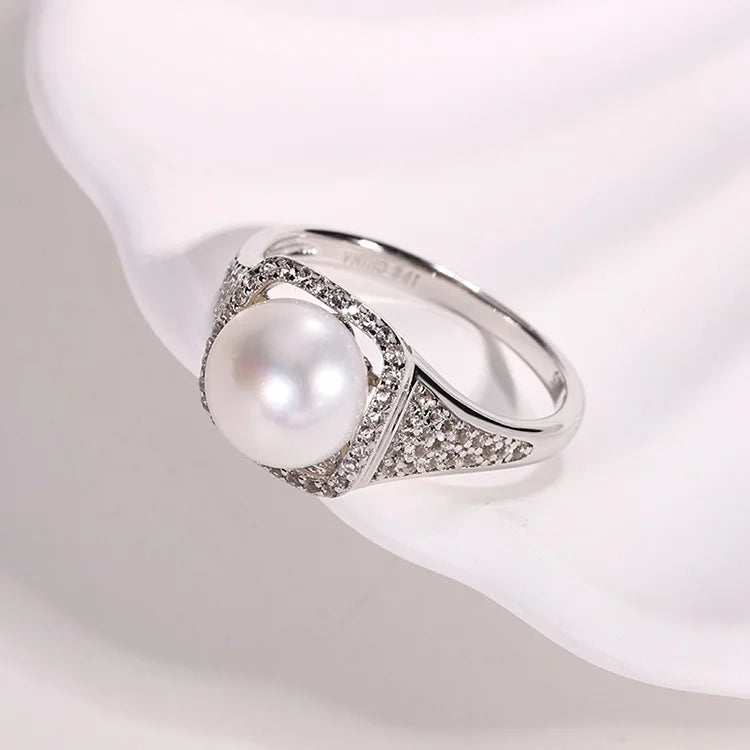 Inlaid small fine diamond 925 sterling silver freshwater pearl high-end luxury ring for ladies