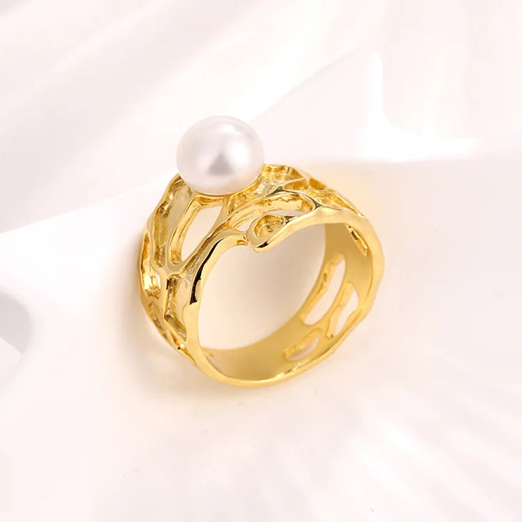 Exquisite stylish 18k gold plated hollow 925 sterling silver lady women ring with real freshwater pearl